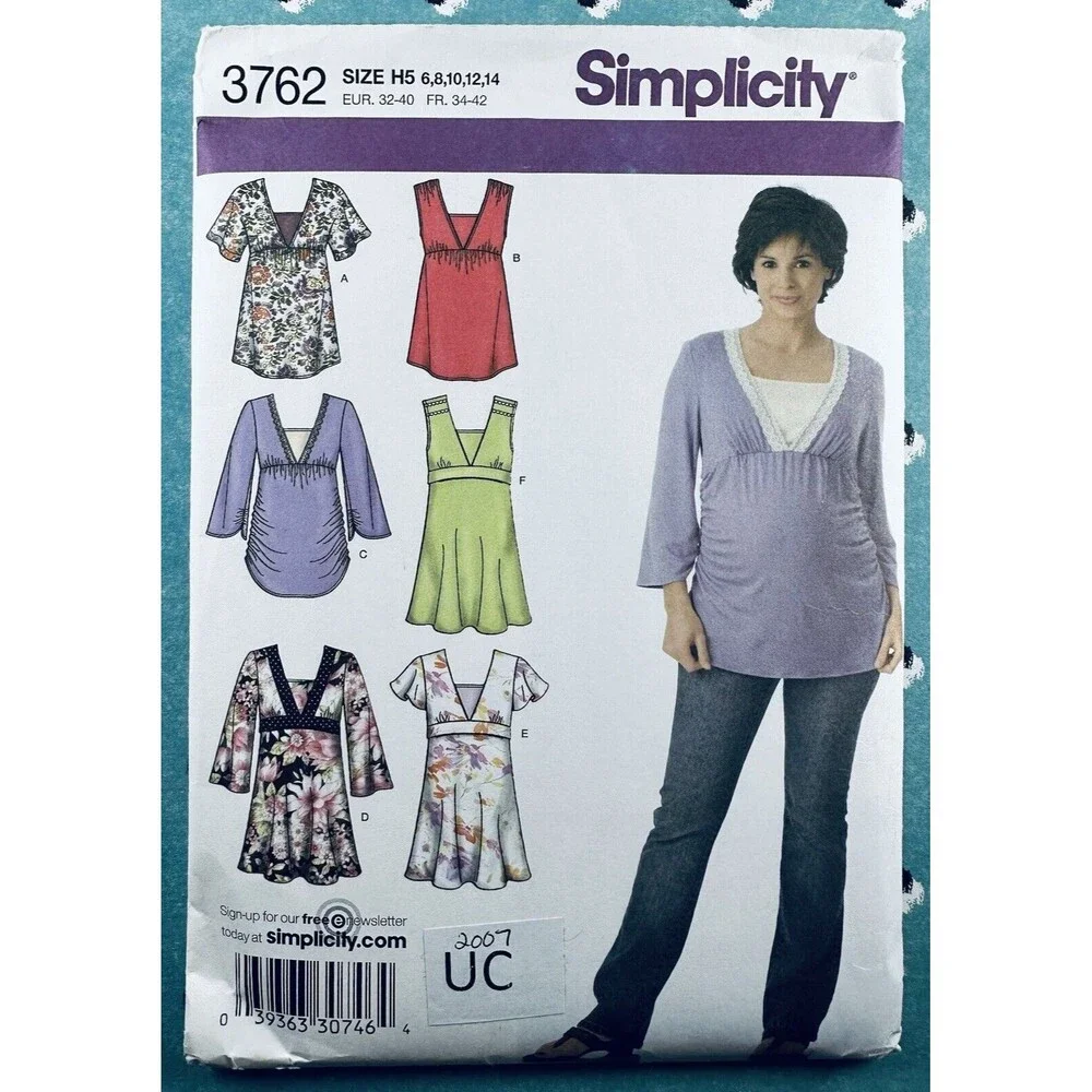 Simplicity 3762 Size 6-14 Misses Maternity Knit & Woven Tops Pattern UNCUT 2007
